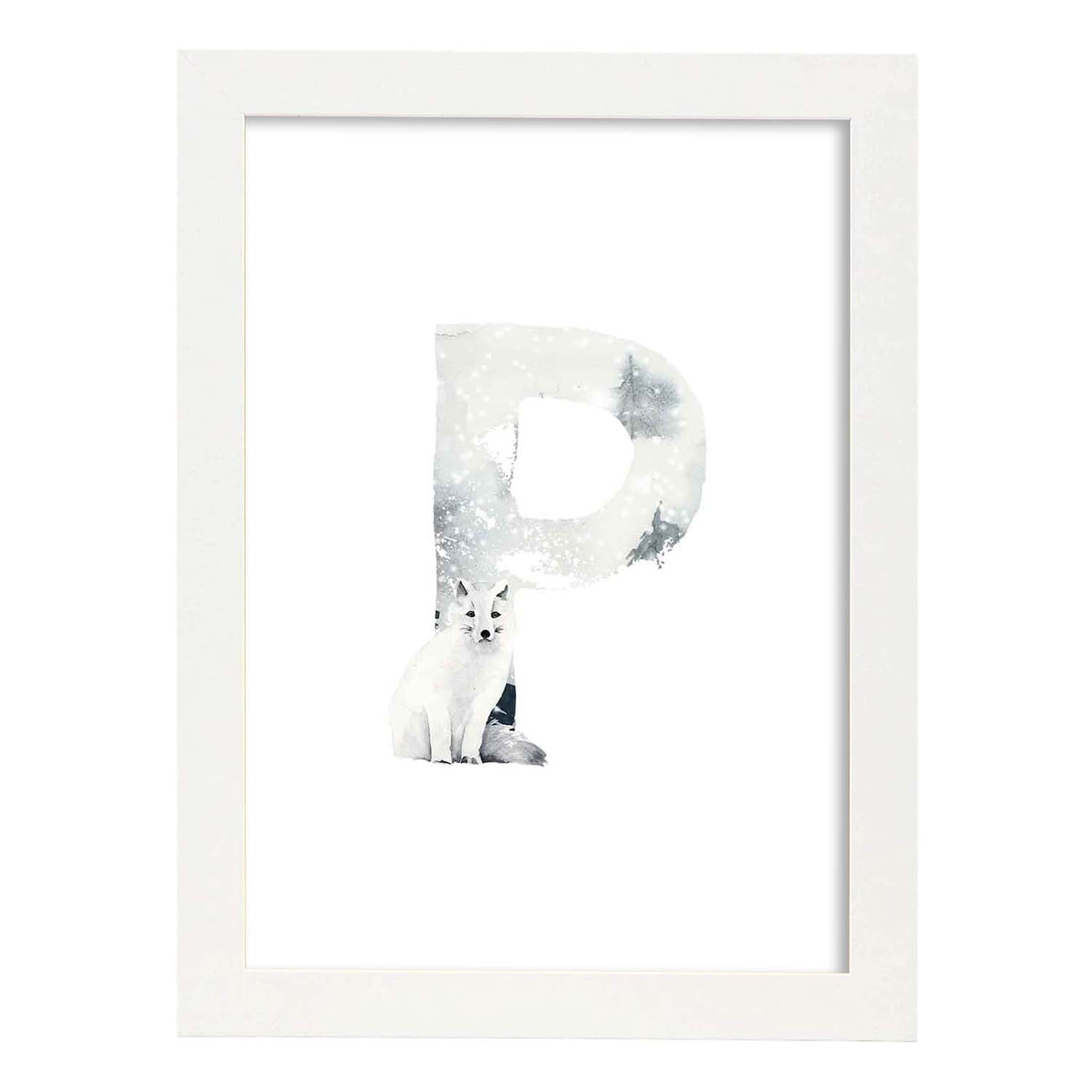 Poster de letra P. Lámina estilo Invierno con imágenes del alfabeto.-Artwork-Nacnic-A3-Marco Blanco-Nacnic Estudio SL