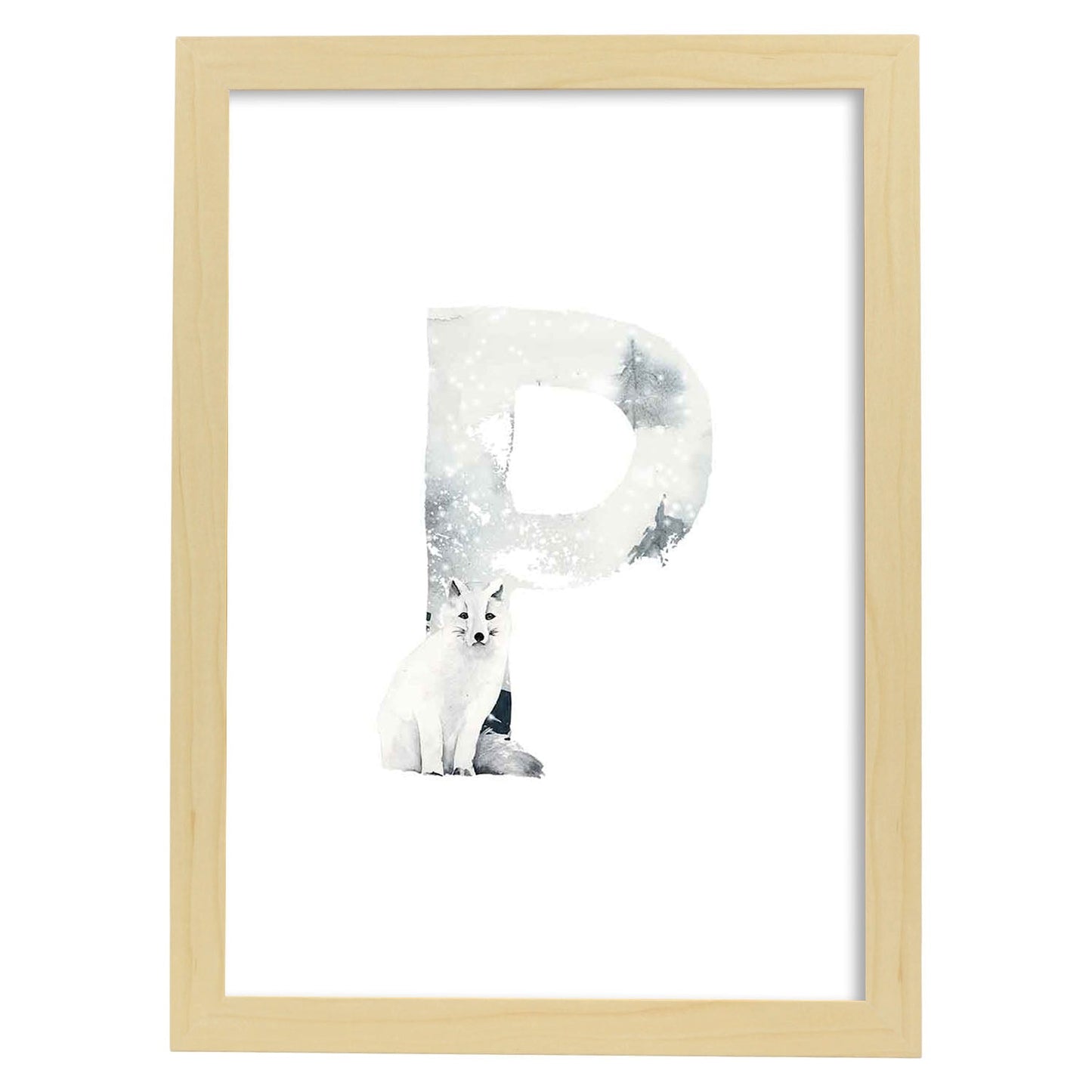 Poster de letra P. Lámina estilo Invierno con imágenes del alfabeto.-Artwork-Nacnic-A3-Marco Madera clara-Nacnic Estudio SL
