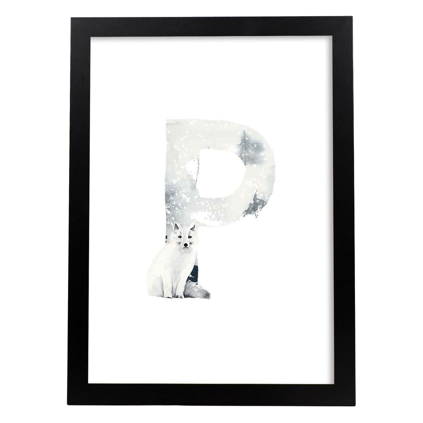 Poster de letra P. Lámina estilo Invierno con imágenes del alfabeto.-Artwork-Nacnic-A3-Marco Negro-Nacnic Estudio SL