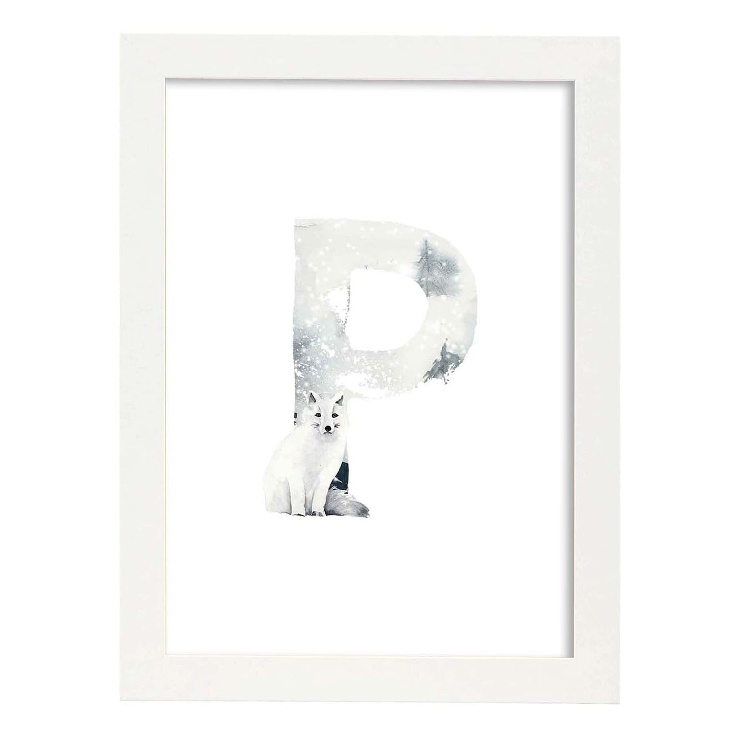 Poster de letra P. Lámina estilo Invierno con imágenes del alfabeto.-Artwork-Nacnic-A4-Marco Blanco-Nacnic Estudio SL