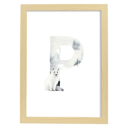Poster de letra P. Lámina estilo Invierno con imágenes del alfabeto.-Artwork-Nacnic-A4-Marco Madera clara-Nacnic Estudio SL