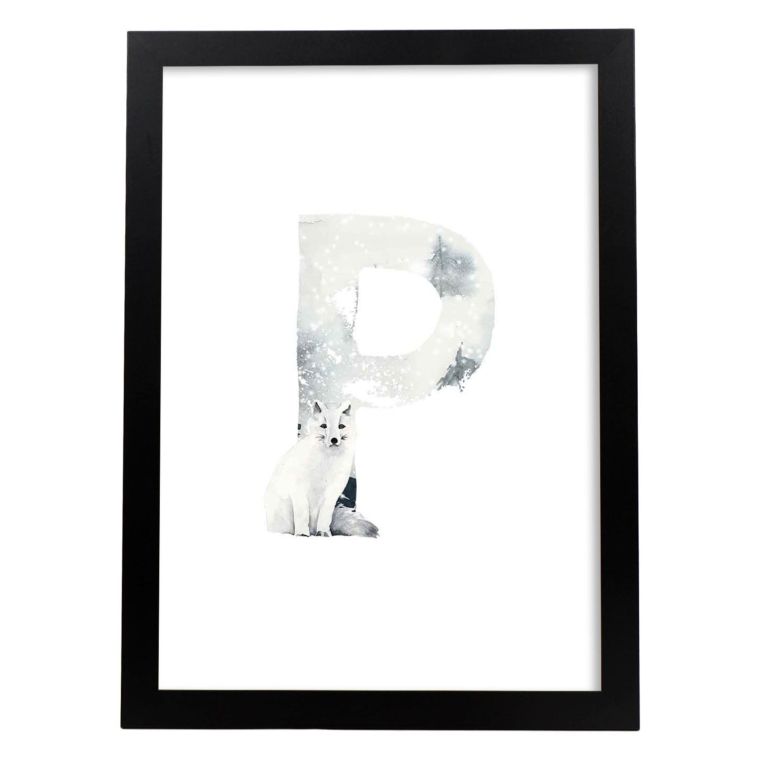 Poster de letra P. Lámina estilo Invierno con imágenes del alfabeto.-Artwork-Nacnic-A4-Marco Negro-Nacnic Estudio SL