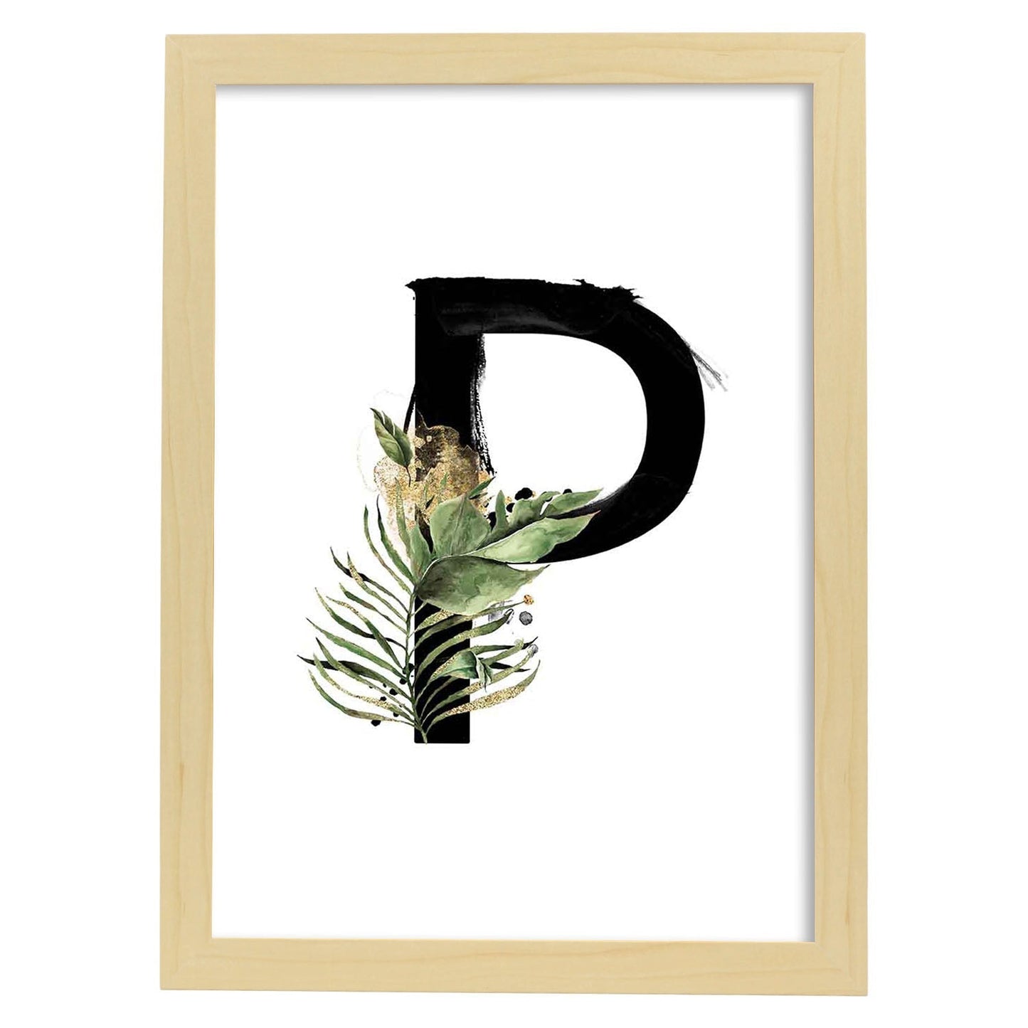 Poster de letra P. Lámina estilo Jungla Negra con imágenes del alfabeto.-Artwork-Nacnic-A3-Marco Madera clara-Nacnic Estudio SL