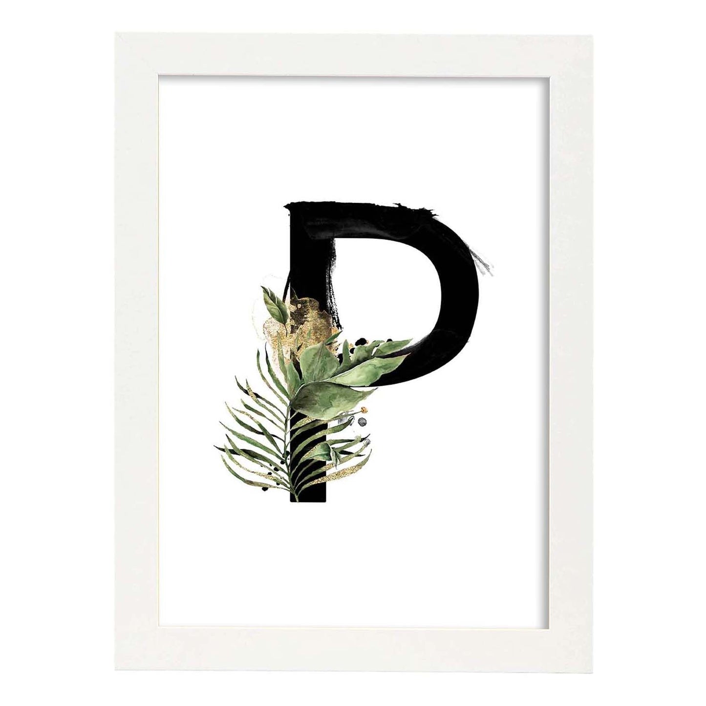 Poster de letra P. Lámina estilo Jungla Negra con imágenes del alfabeto.-Artwork-Nacnic-A4-Marco Blanco-Nacnic Estudio SL