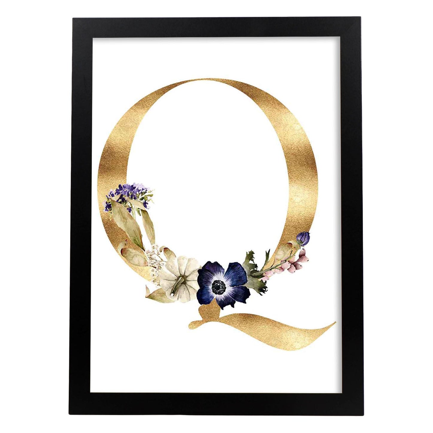 Poster de letra Q. Lámina estilo Dorado Floral con imágenes del alfabeto.-Artwork-Nacnic-A3-Marco Negro-Nacnic Estudio SL