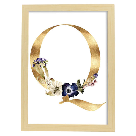 Poster de letra Q. Lámina estilo Dorado Floral con imágenes del alfabeto.-Artwork-Nacnic-A4-Marco Madera clara-Nacnic Estudio SL