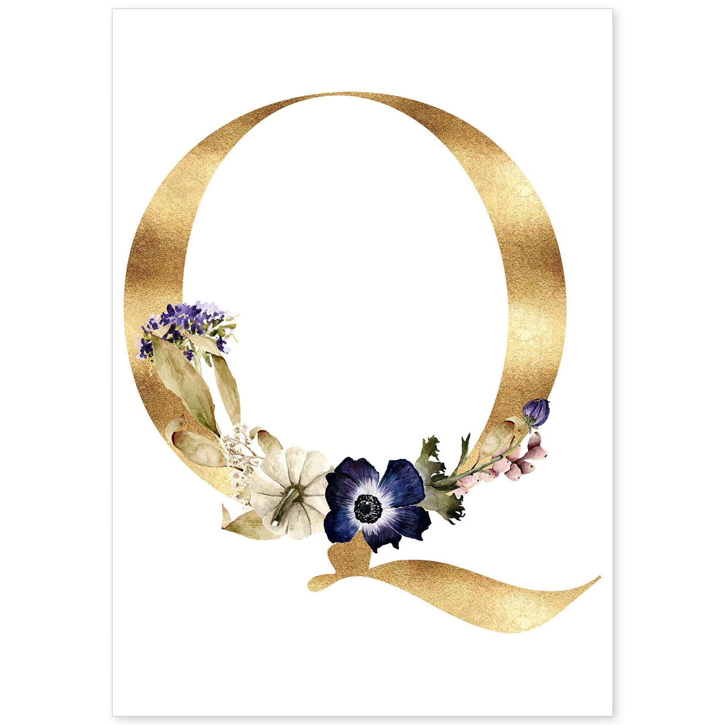 Poster de letra Q. Lámina estilo Dorado Floral con imágenes del alfabeto.-Artwork-Nacnic-A4-Sin marco-Nacnic Estudio SL
