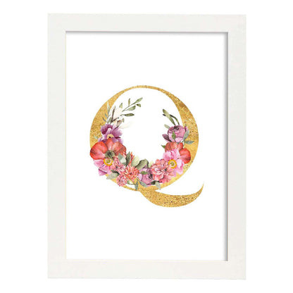 Poster de letra Q. Lámina estilo Dorado Rosa con imágenes del alfabeto.-Artwork-Nacnic-A4-Marco Blanco-Nacnic Estudio SL