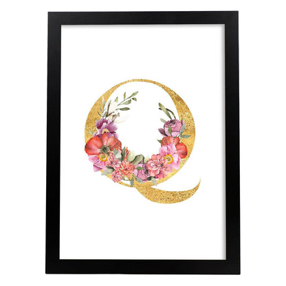 Poster de letra Q. Lámina estilo Dorado Rosa con imágenes del alfabeto.-Artwork-Nacnic-A4-Marco Negro-Nacnic Estudio SL