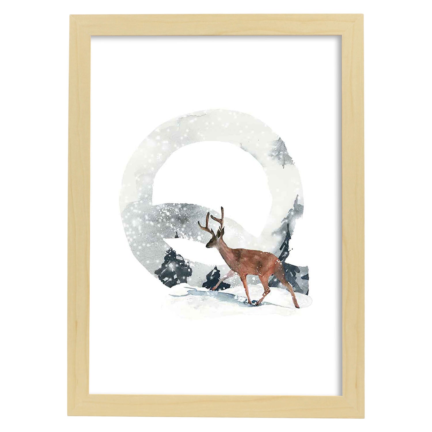 Poster de letra Q. Lámina estilo Invierno con imágenes del alfabeto.-Artwork-Nacnic-A3-Marco Madera clara-Nacnic Estudio SL