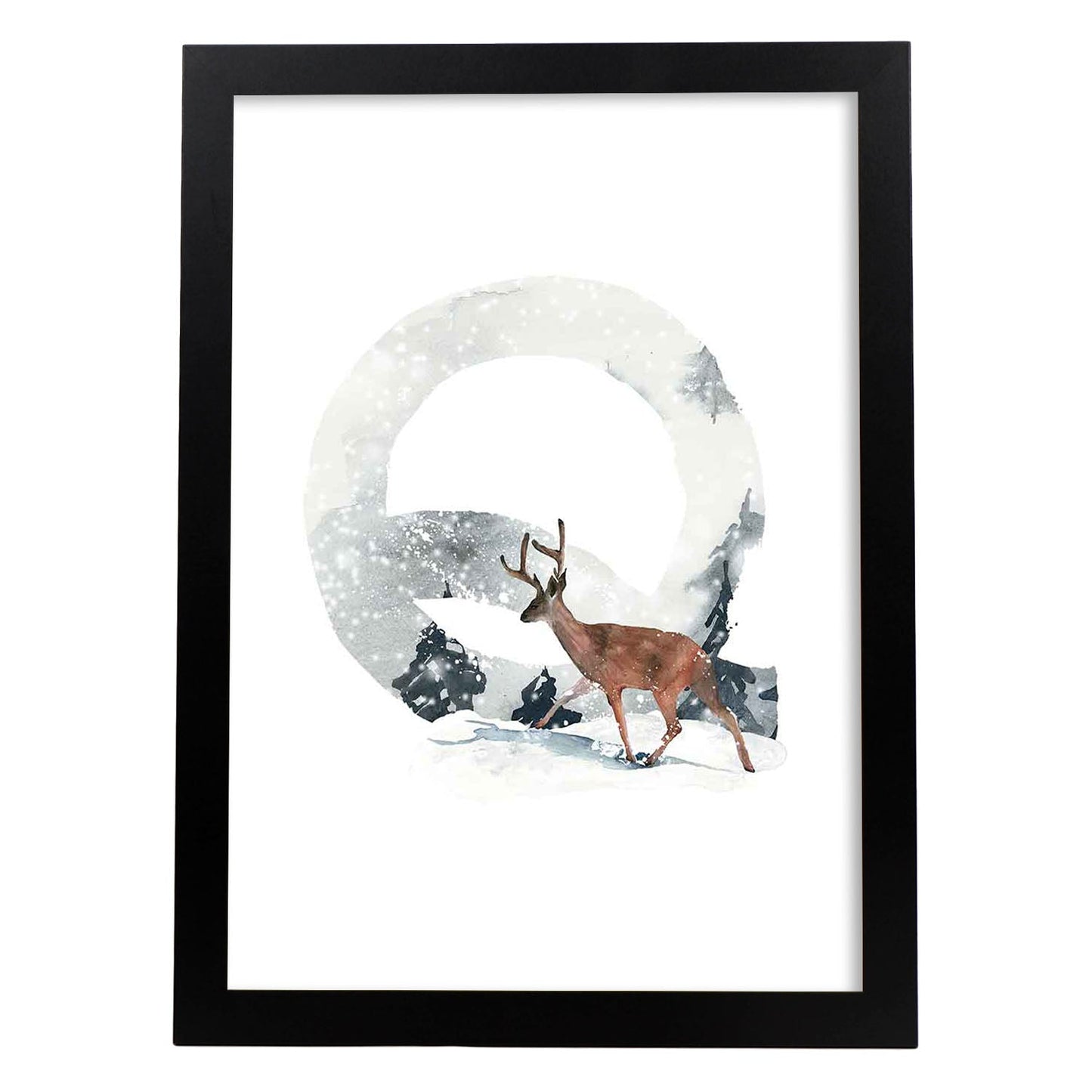 Poster de letra Q. Lámina estilo Invierno con imágenes del alfabeto.-Artwork-Nacnic-A3-Marco Negro-Nacnic Estudio SL