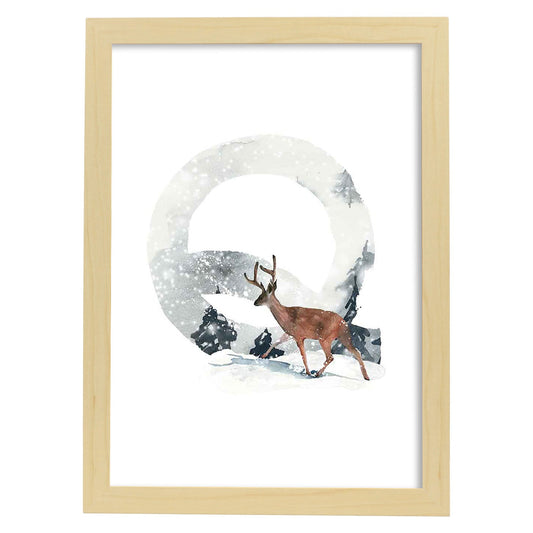 Poster de letra Q. Lámina estilo Invierno con imágenes del alfabeto.-Artwork-Nacnic-A4-Marco Madera clara-Nacnic Estudio SL