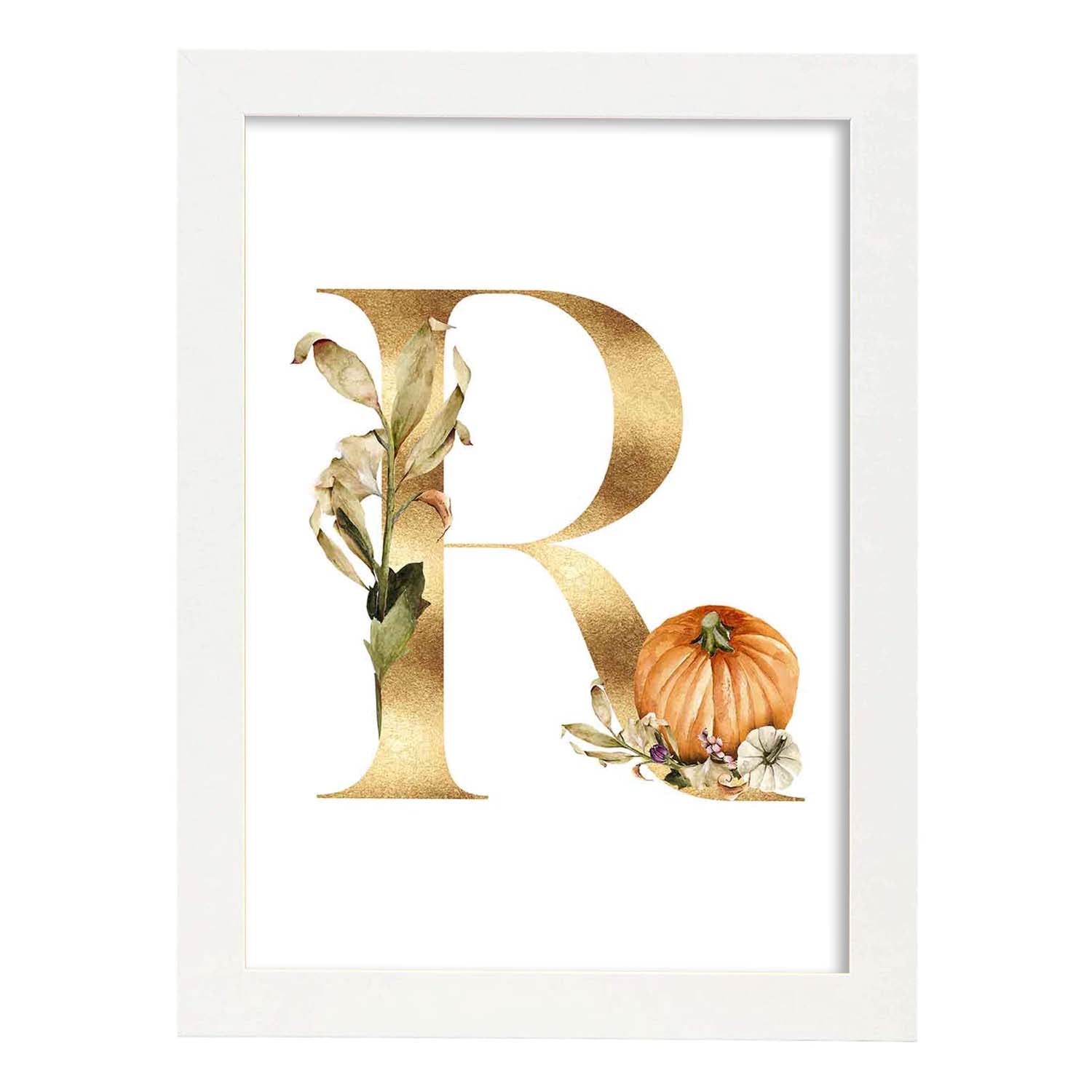Poster de letra R. Lámina estilo Dorado Floral con imágenes del alfabeto.-Artwork-Nacnic-A3-Marco Blanco-Nacnic Estudio SL