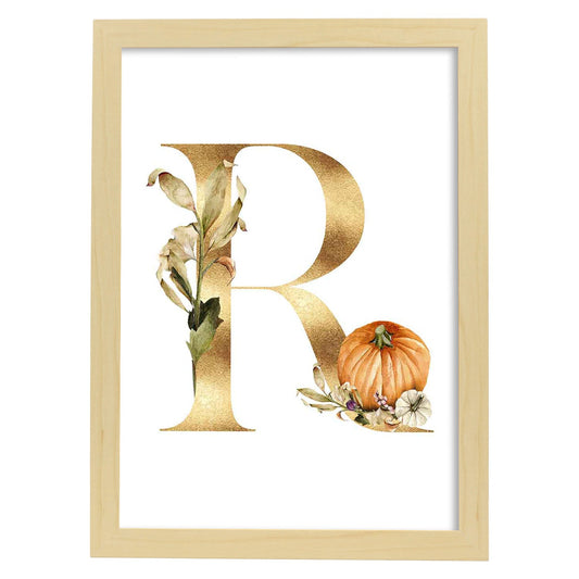 Poster de letra R. Lámina estilo Dorado Floral con imágenes del alfabeto.-Artwork-Nacnic-A4-Marco Madera clara-Nacnic Estudio SL
