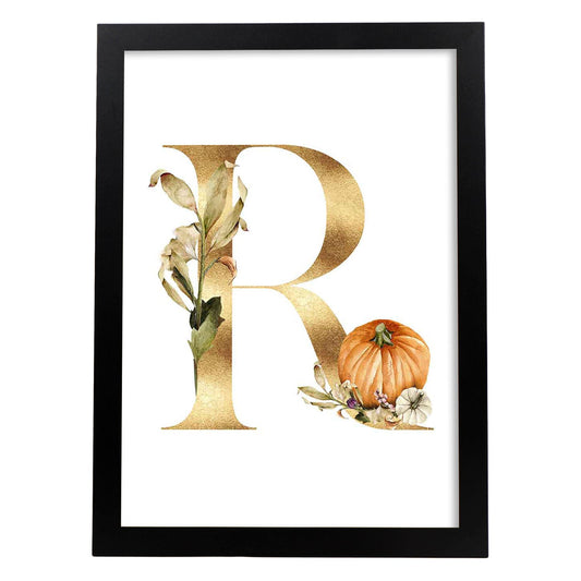 Poster de letra R. Lámina estilo Dorado Floral con imágenes del alfabeto.-Artwork-Nacnic-A4-Marco Negro-Nacnic Estudio SL