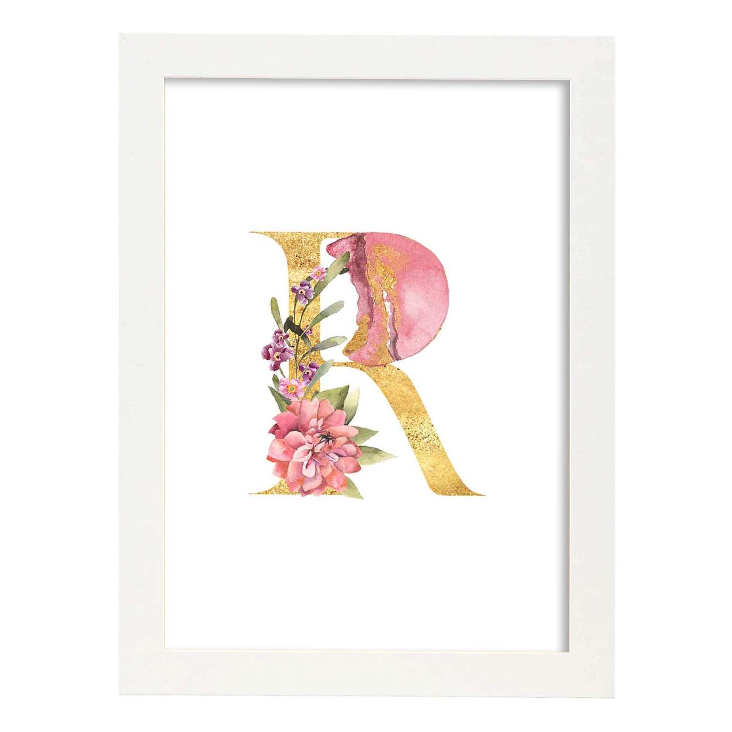 Poster de letra R. Lámina estilo Dorado Rosa con imágenes del alfabeto.-Artwork-Nacnic-A3-Marco Blanco-Nacnic Estudio SL