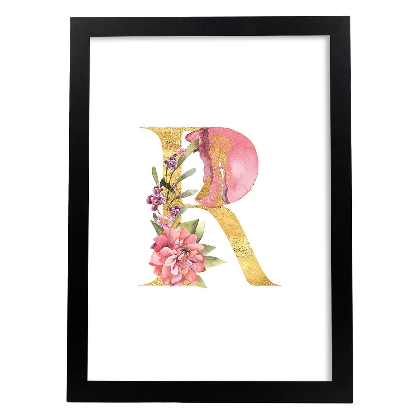 Poster de letra R. Lámina estilo Dorado Rosa con imágenes del alfabeto.-Artwork-Nacnic-A3-Marco Negro-Nacnic Estudio SL