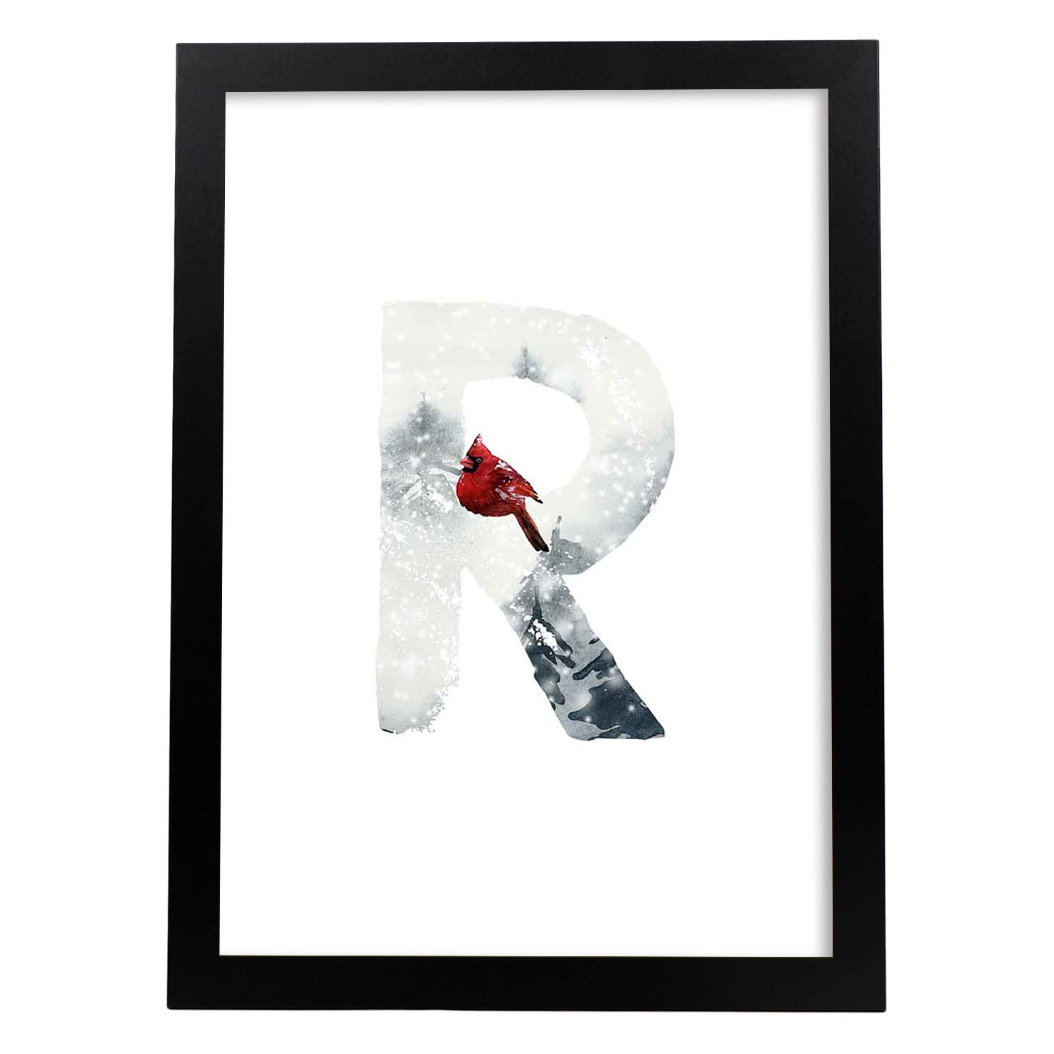 Poster de letra R. Lámina estilo Invierno con imágenes del alfabeto.-Artwork-Nacnic-A3-Marco Negro-Nacnic Estudio SL
