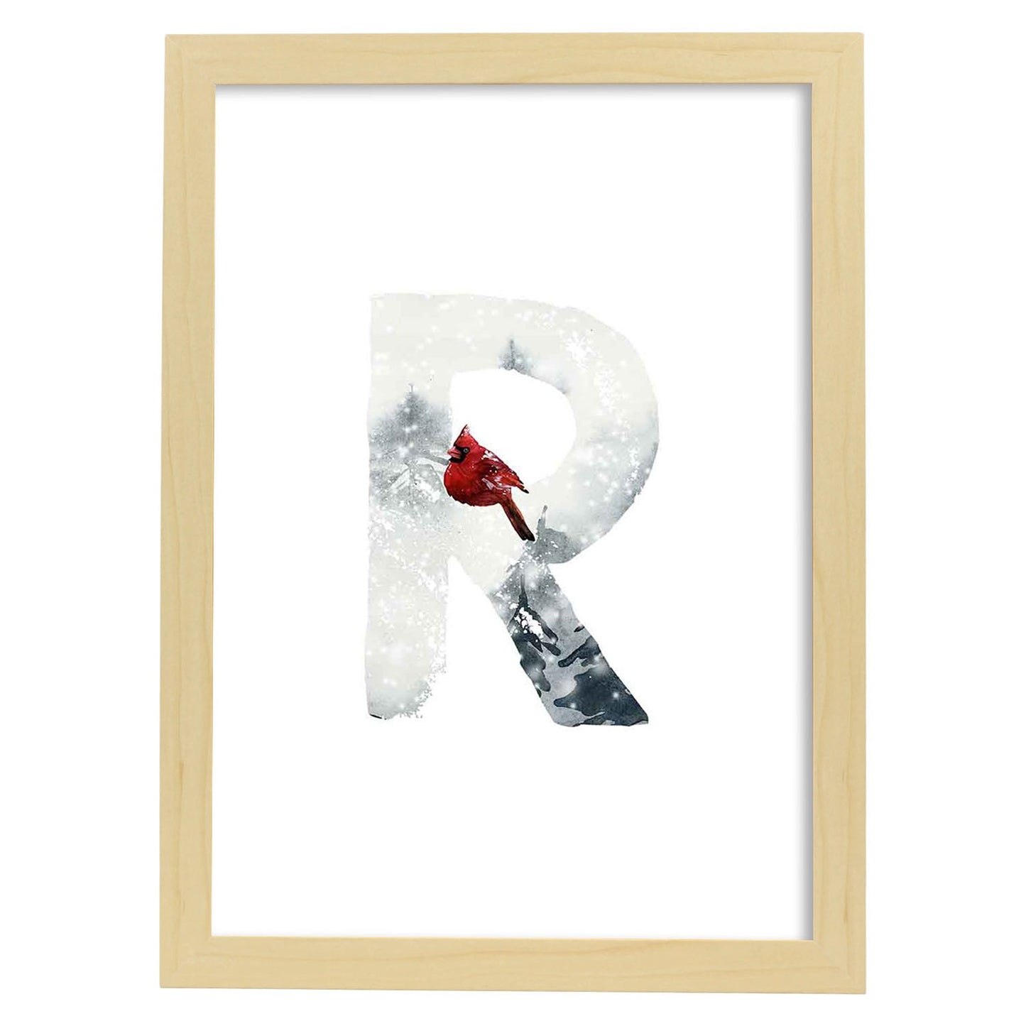 Poster de letra R. Lámina estilo Invierno con imágenes del alfabeto.-Artwork-Nacnic-A4-Marco Madera clara-Nacnic Estudio SL