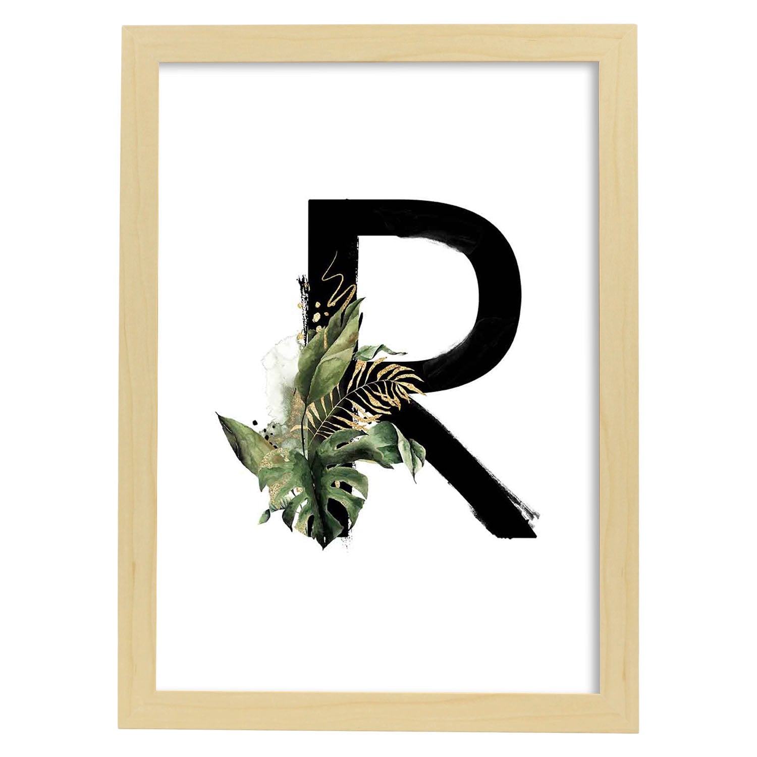 Poster de letra R. Lámina estilo Jungla Negra con imágenes del alfabeto.-Artwork-Nacnic-A3-Marco Madera clara-Nacnic Estudio SL