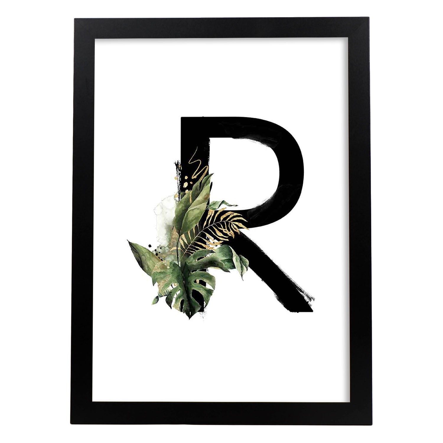 Poster de letra R. Lámina estilo Jungla Negra con imágenes del alfabeto.-Artwork-Nacnic-A4-Marco Negro-Nacnic Estudio SL