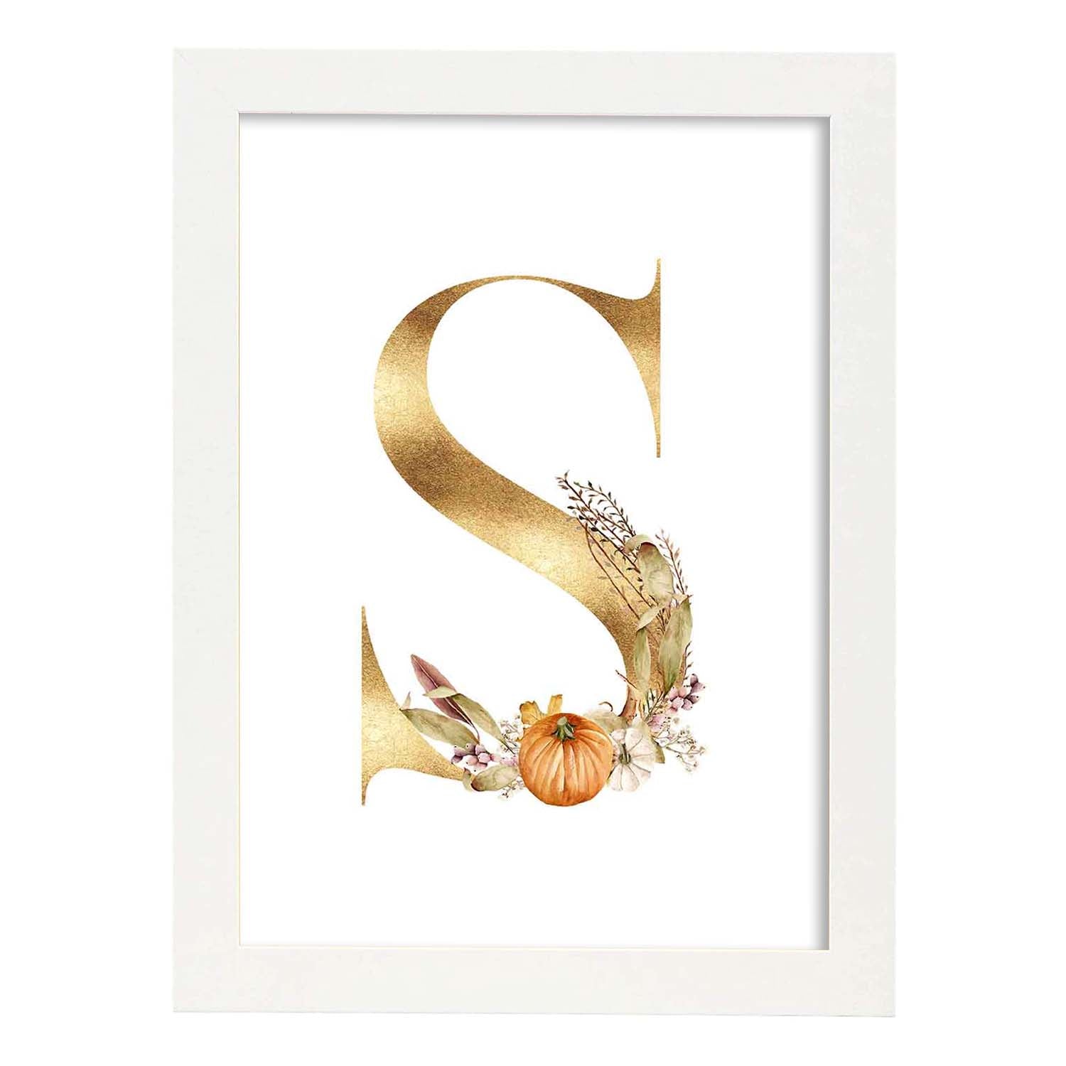 Poster de letra S. Lámina estilo Dorado Floral con imágenes del alfabeto.-Artwork-Nacnic-A3-Marco Blanco-Nacnic Estudio SL