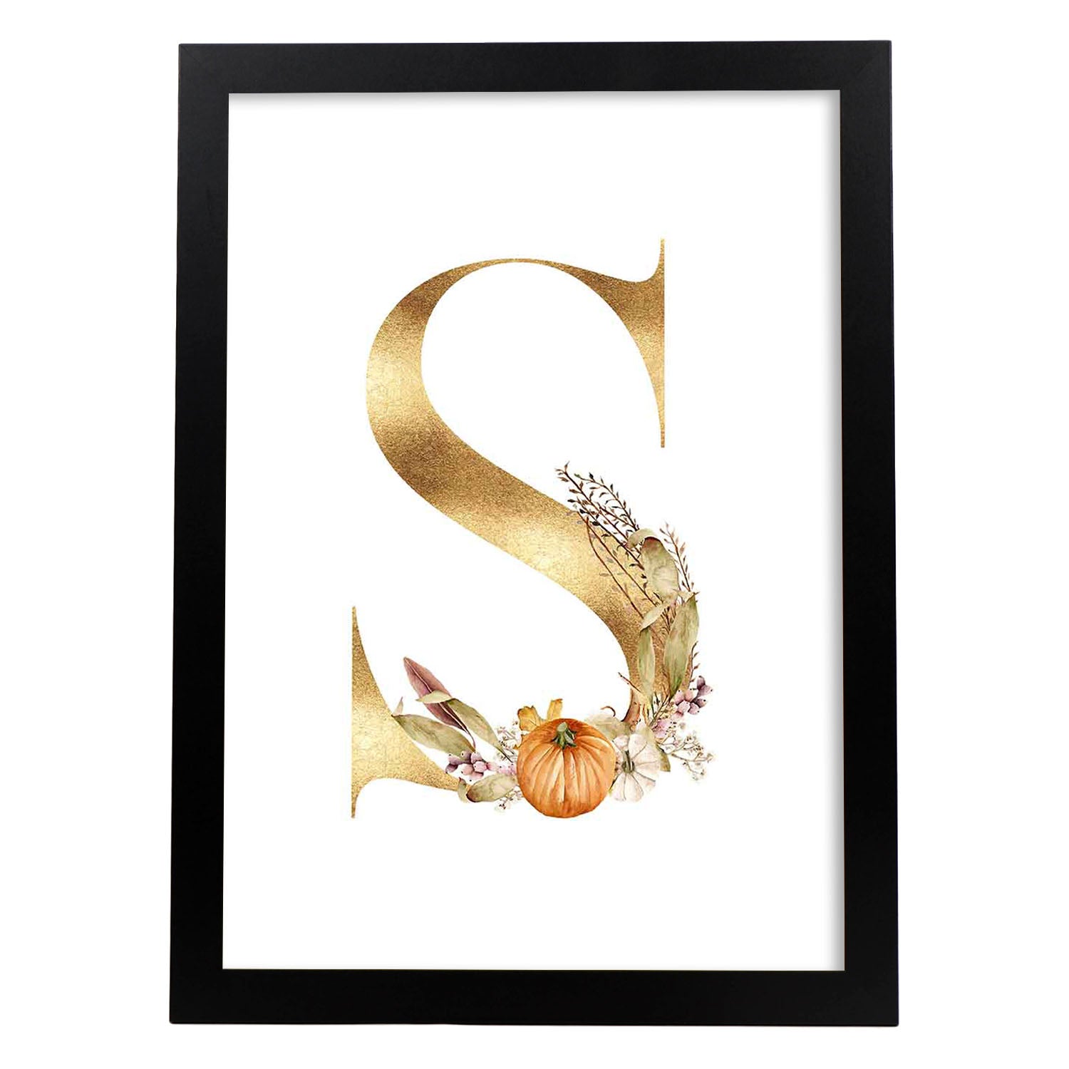 Poster de letra S. Lámina estilo Dorado Floral con imágenes del alfabeto.-Artwork-Nacnic-A3-Marco Negro-Nacnic Estudio SL