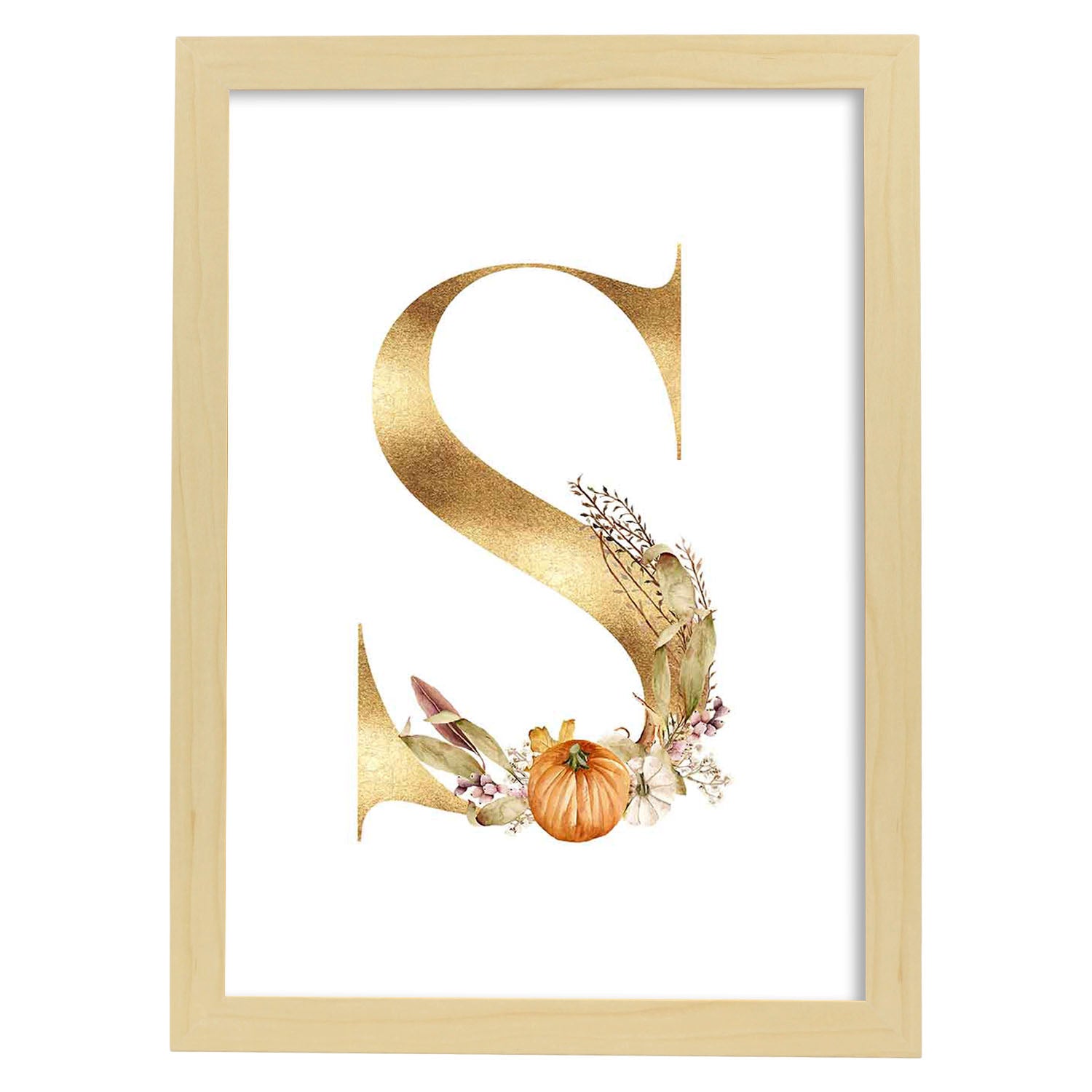 Poster de letra S. Lámina estilo Dorado Floral con imágenes del alfabeto.-Artwork-Nacnic-A4-Marco Madera clara-Nacnic Estudio SL