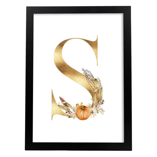 Poster de letra S. Lámina estilo Dorado Floral con imágenes del alfabeto.-Artwork-Nacnic-A4-Marco Negro-Nacnic Estudio SL