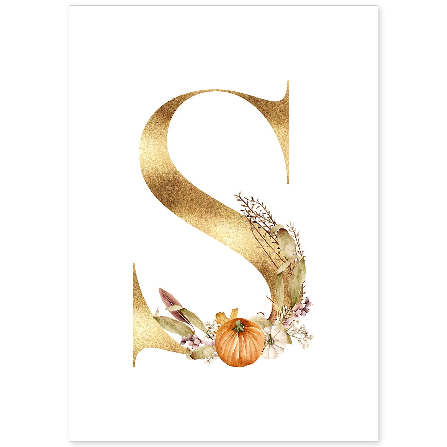 Poster de letra S. Lámina estilo Dorado Floral con imágenes del alfabeto.-Artwork-Nacnic-A4-Sin marco-Nacnic Estudio SL