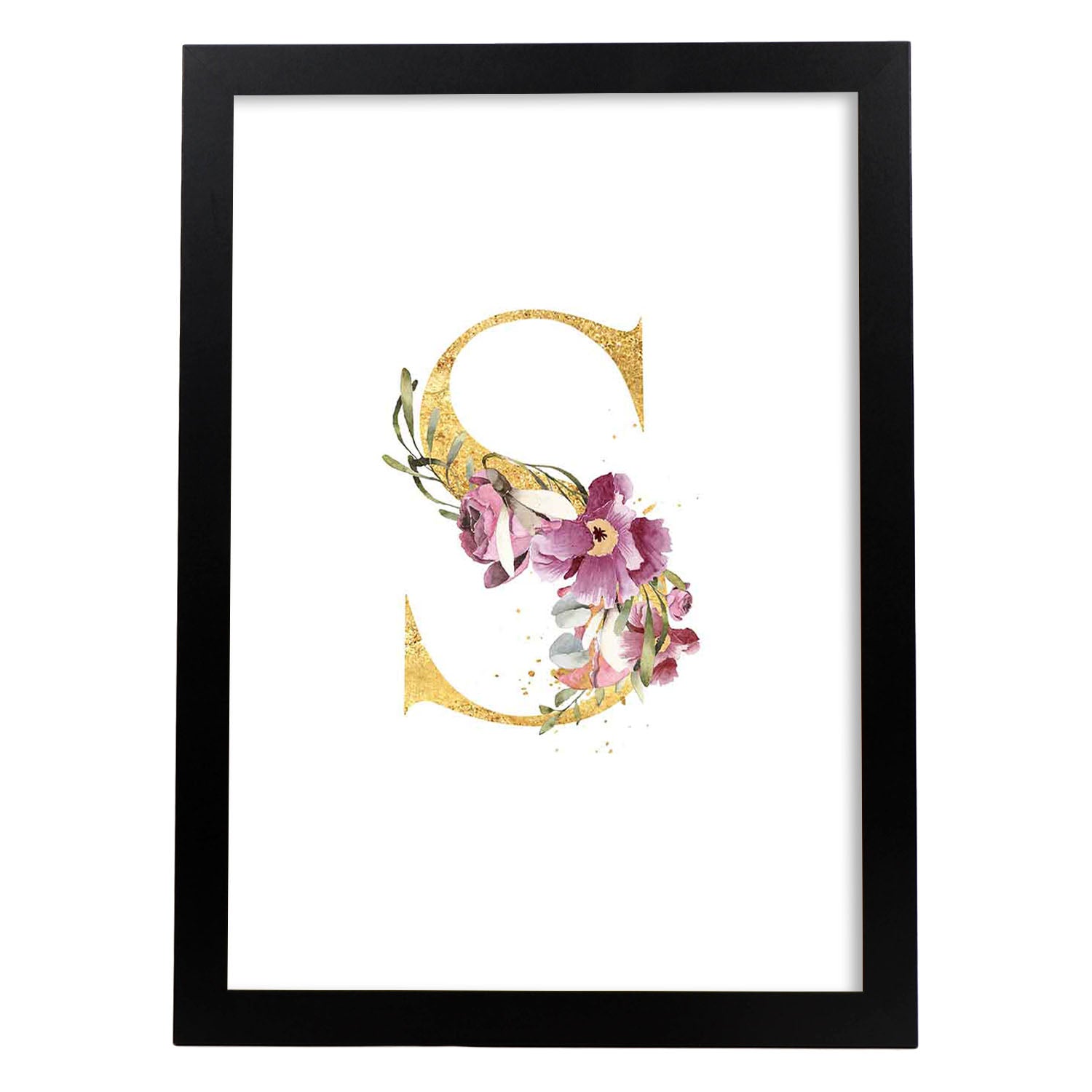Poster de letra S. Lámina estilo Dorado Rosa con imágenes del alfabeto.-Artwork-Nacnic-A3-Marco Negro-Nacnic Estudio SL
