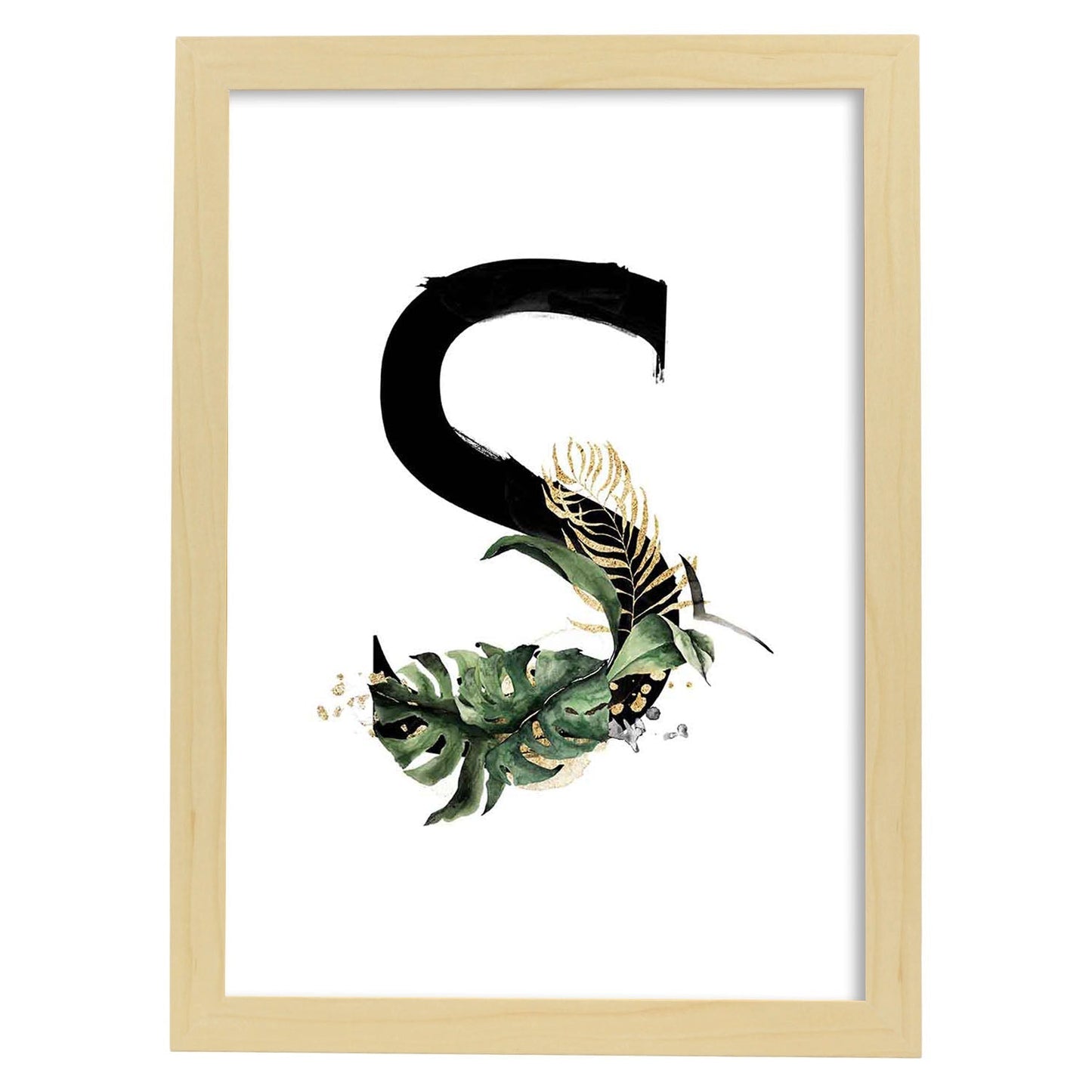 Poster de letra S. Lámina estilo Jungla Negra con imágenes del alfabeto.-Artwork-Nacnic-A3-Marco Madera clara-Nacnic Estudio SL