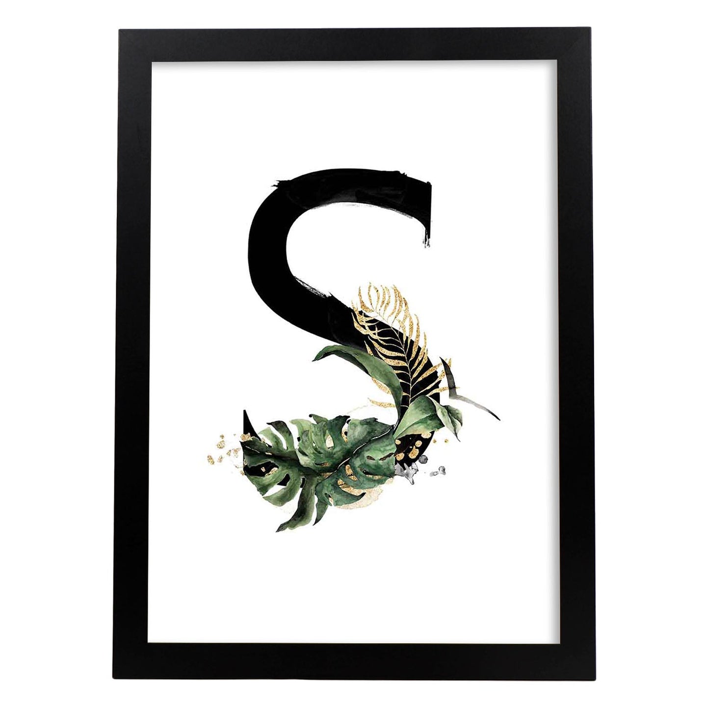 Poster de letra S. Lámina estilo Jungla Negra con imágenes del alfabeto.-Artwork-Nacnic-A3-Marco Negro-Nacnic Estudio SL