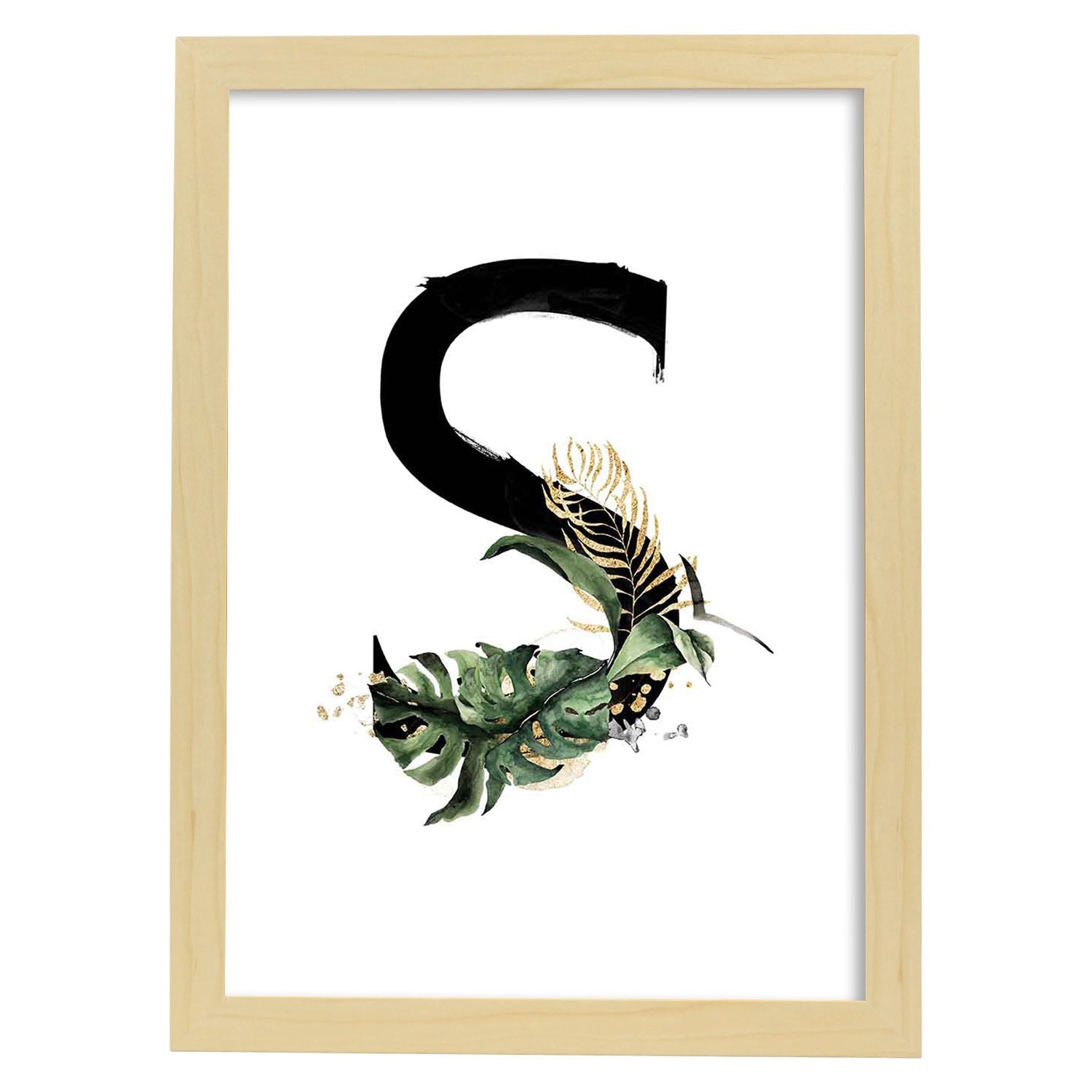 Poster de letra S. Lámina estilo Jungla Negra con imágenes del alfabeto.-Artwork-Nacnic-A4-Marco Madera clara-Nacnic Estudio SL