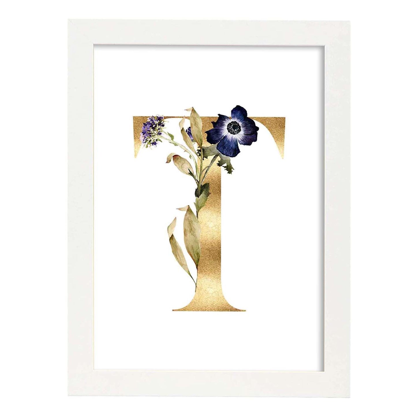 Poster de letra T. Lámina estilo Dorado Floral con imágenes del alfabeto.-Artwork-Nacnic-A3-Marco Blanco-Nacnic Estudio SL