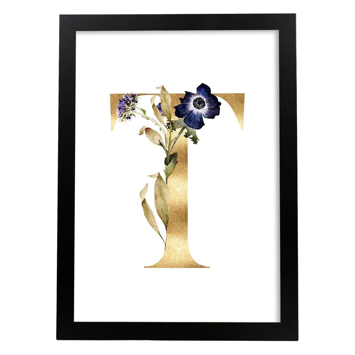 Poster de letra T. Lámina estilo Dorado Floral con imágenes del alfabeto.-Artwork-Nacnic-A3-Marco Negro-Nacnic Estudio SL