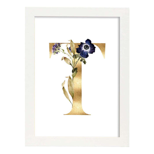 Poster de letra T. Lámina estilo Dorado Floral con imágenes del alfabeto.-Artwork-Nacnic-A4-Marco Blanco-Nacnic Estudio SL