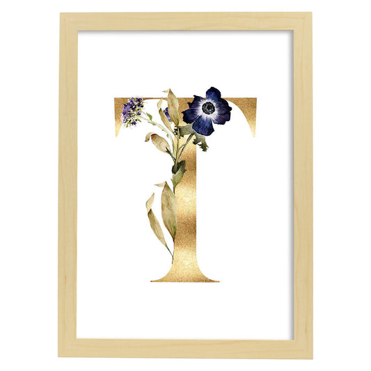 Poster de letra T. Lámina estilo Dorado Floral con imágenes del alfabeto.-Artwork-Nacnic-A4-Marco Madera clara-Nacnic Estudio SL
