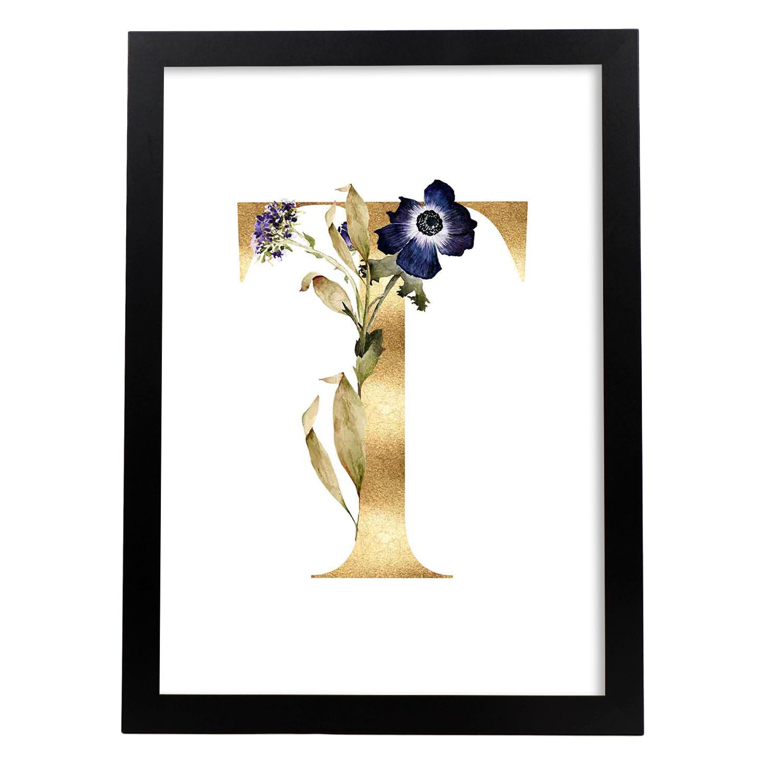 Poster de letra T. Lámina estilo Dorado Floral con imágenes del alfabeto.-Artwork-Nacnic-A4-Marco Negro-Nacnic Estudio SL