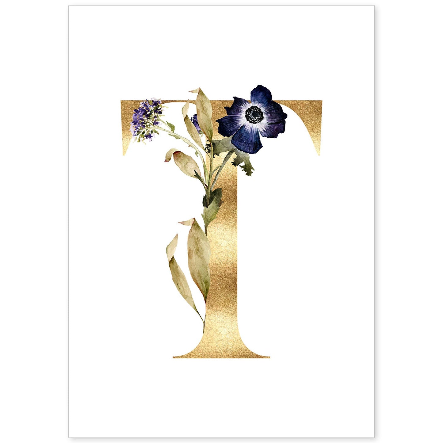 Poster de letra T. Lámina estilo Dorado Floral con imágenes del alfabeto.-Artwork-Nacnic-A4-Sin marco-Nacnic Estudio SL