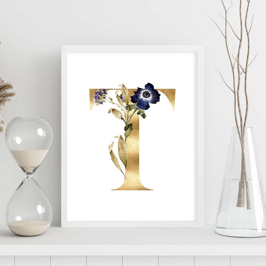 Poster de letra T. Lámina estilo Dorado Floral con imágenes del alfabeto.-Artwork-Nacnic-Nacnic Estudio SL