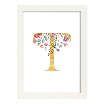 Poster de letra T. Lámina estilo Dorado Rosa con imágenes del alfabeto.-Artwork-Nacnic-A4-Marco Blanco-Nacnic Estudio SL