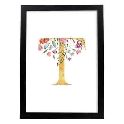 Poster de letra T. Lámina estilo Dorado Rosa con imágenes del alfabeto.-Artwork-Nacnic-A4-Marco Negro-Nacnic Estudio SL