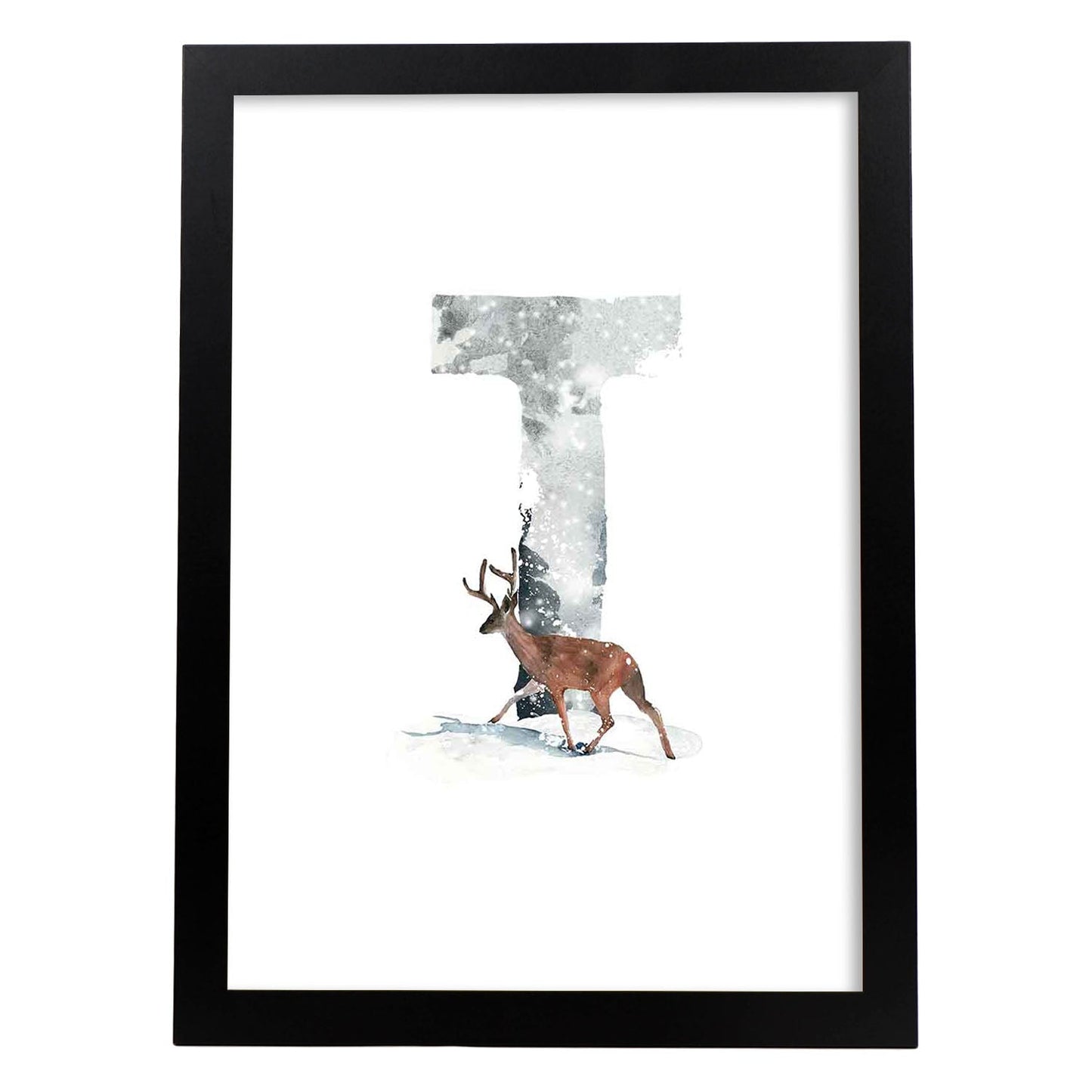 Poster de letra T. Lámina estilo Invierno con imágenes del alfabeto.-Artwork-Nacnic-A4-Marco Negro-Nacnic Estudio SL