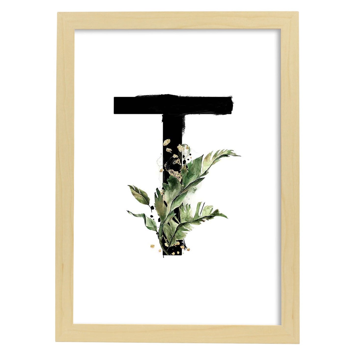 Poster de letra T. Lámina estilo Jungla Negra con imágenes del alfabeto.-Artwork-Nacnic-A4-Marco Madera clara-Nacnic Estudio SL