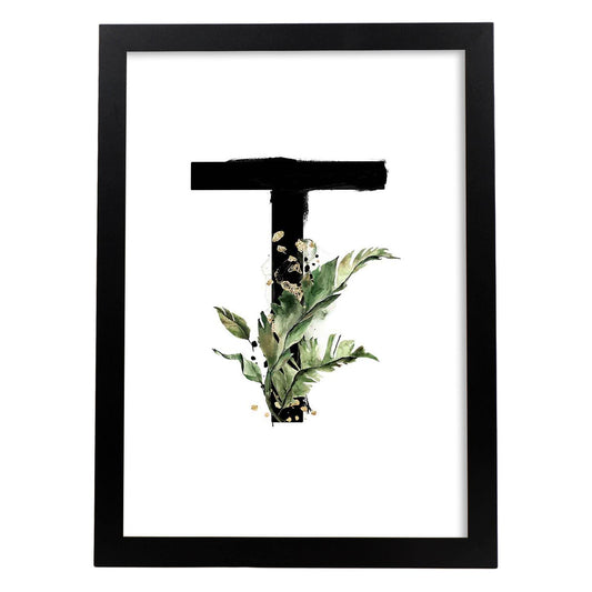 Poster de letra T. Lámina estilo Jungla Negra con imágenes del alfabeto.-Artwork-Nacnic-A4-Marco Negro-Nacnic Estudio SL