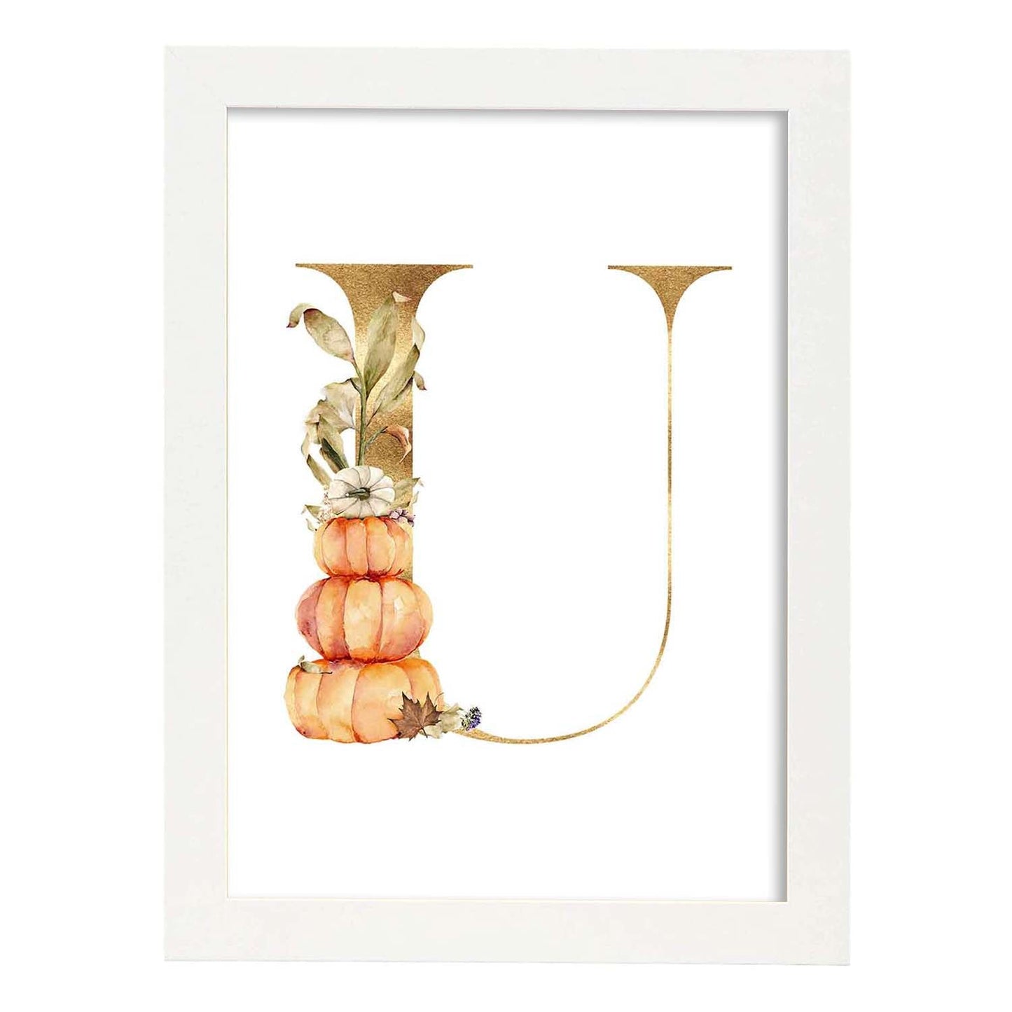 Poster de letra U. Lámina estilo Dorado Floral con imágenes del alfabeto.-Artwork-Nacnic-A3-Marco Blanco-Nacnic Estudio SL