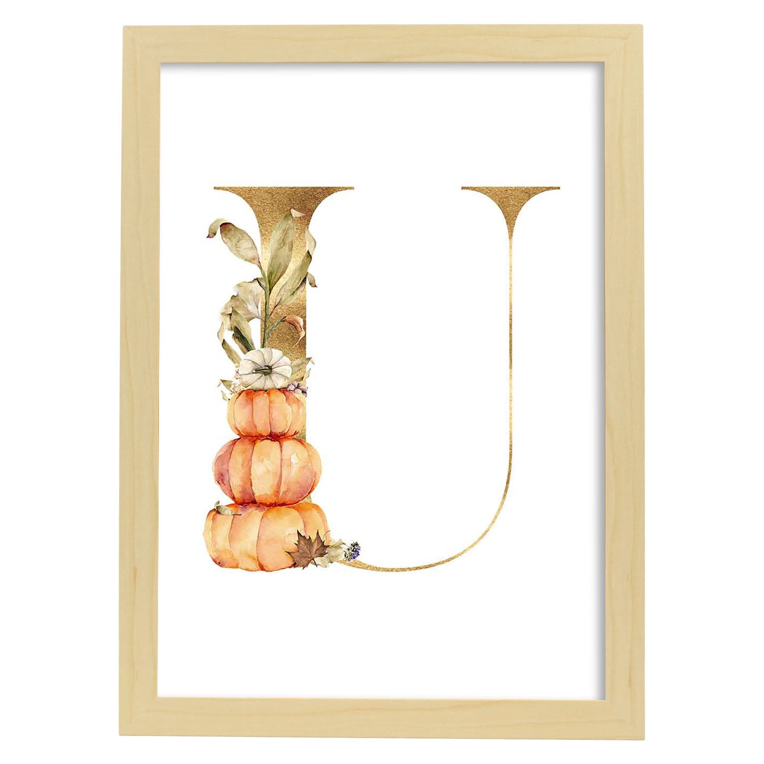 Poster de letra U. Lámina estilo Dorado Floral con imágenes del alfabeto.-Artwork-Nacnic-A3-Marco Madera clara-Nacnic Estudio SL