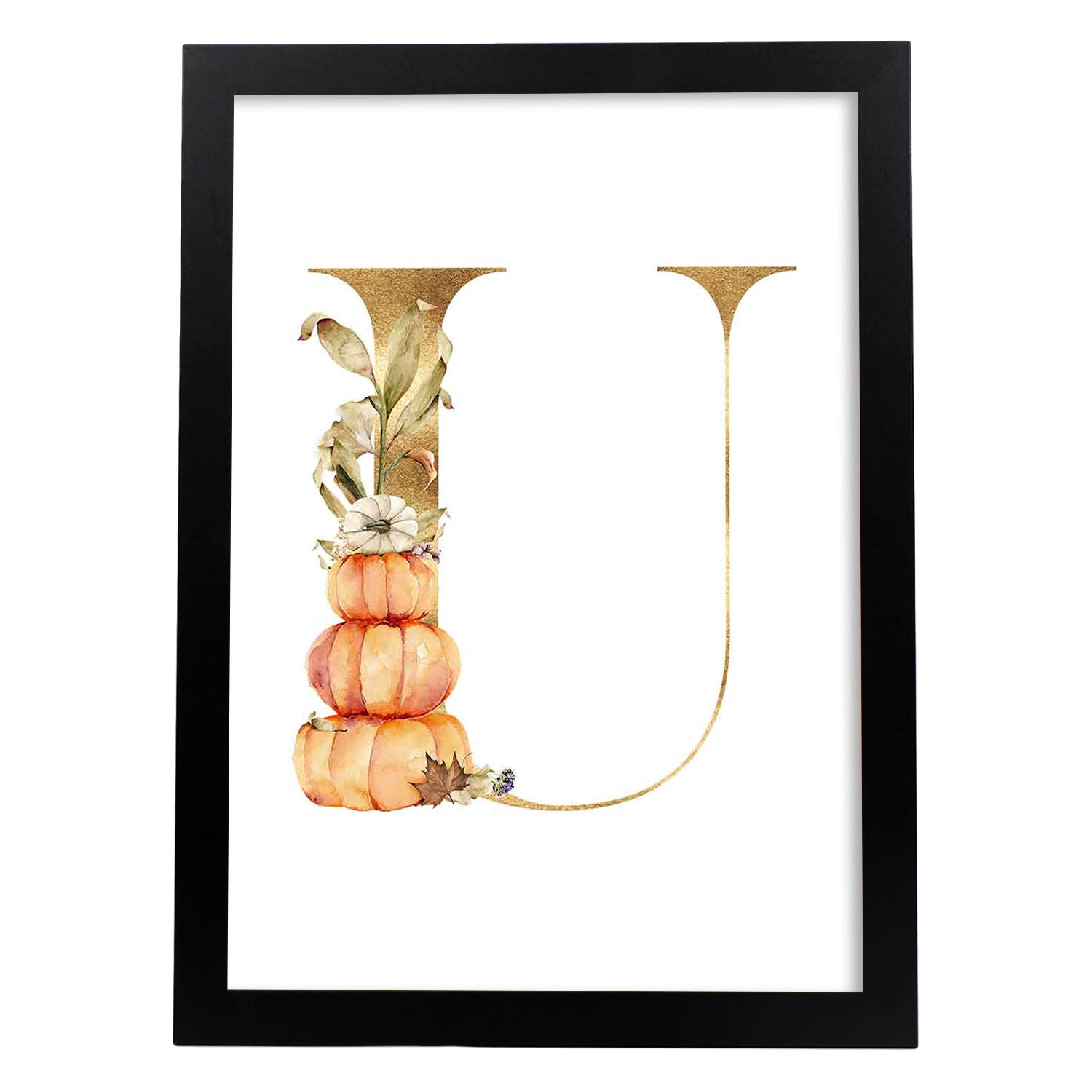 Poster de letra U. Lámina estilo Dorado Floral con imágenes del alfabeto.-Artwork-Nacnic-A3-Marco Negro-Nacnic Estudio SL