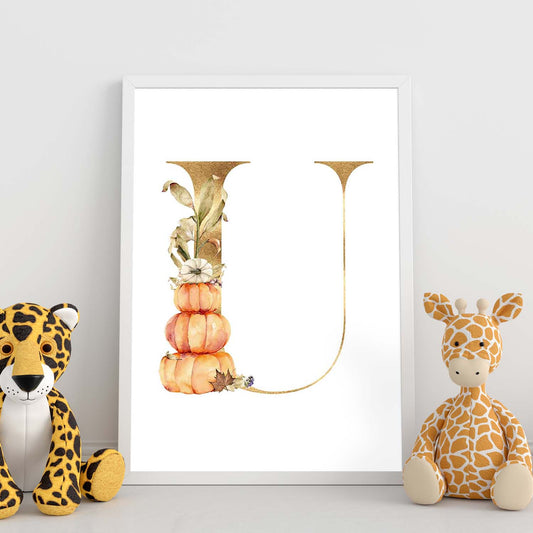 Poster de letra U. Lámina estilo Dorado Floral con imágenes del alfabeto.-Artwork-Nacnic-Nacnic Estudio SL